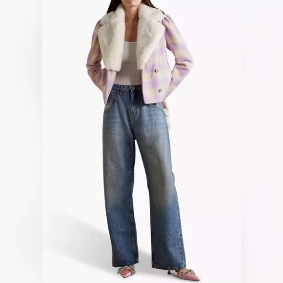 LoveShackFancy Dumont Jacket S Lavender Check Tweed Faux Fur Collar Coat $695 - Picture 3 of 10